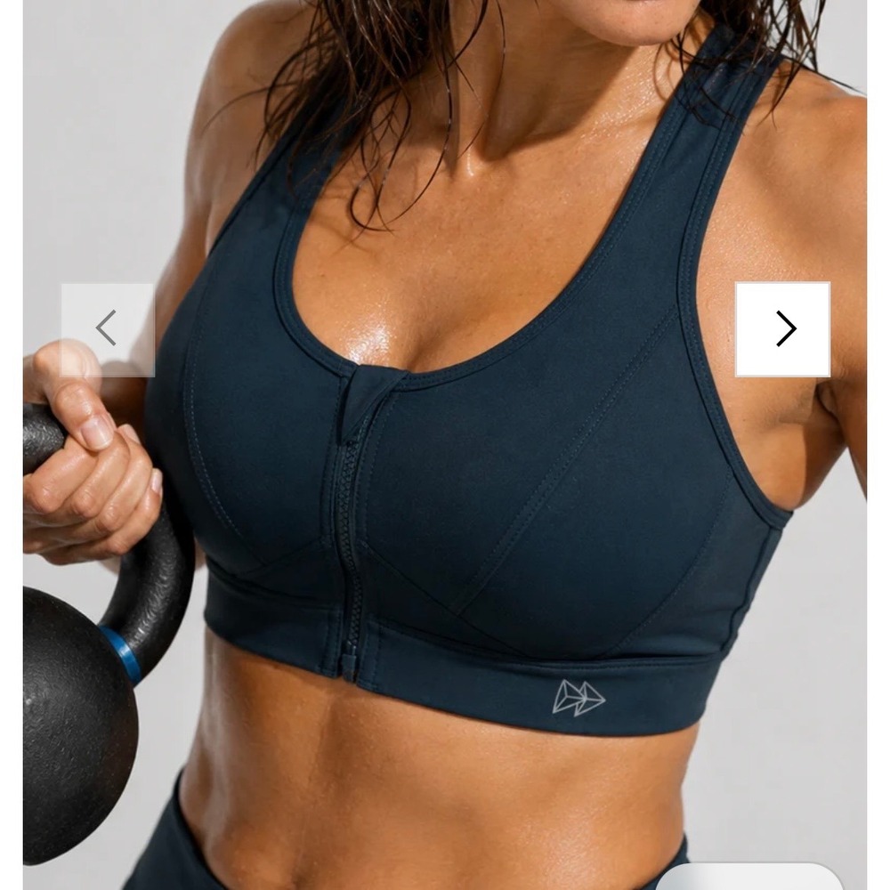 Yvette High Impact Zip Front Sports Bra Navy Blue Racerback Mesh Medium